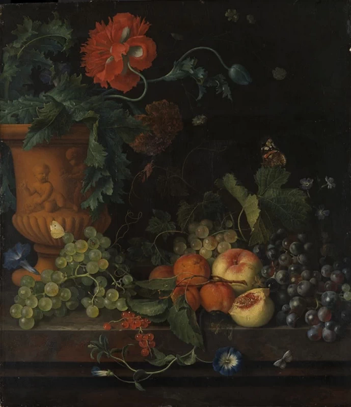 Jan van Huijsum - Vaso in argilla con fiori accanto a frutti, Staatliche Kunsthalle Karlsruhe